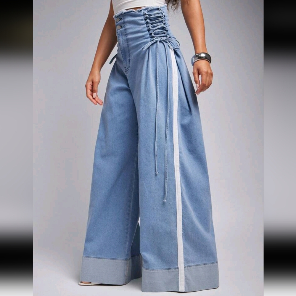 Raw Edge Lace Up High Waist Stretch Denim Wide Leg Jeans, Streetwear For Women